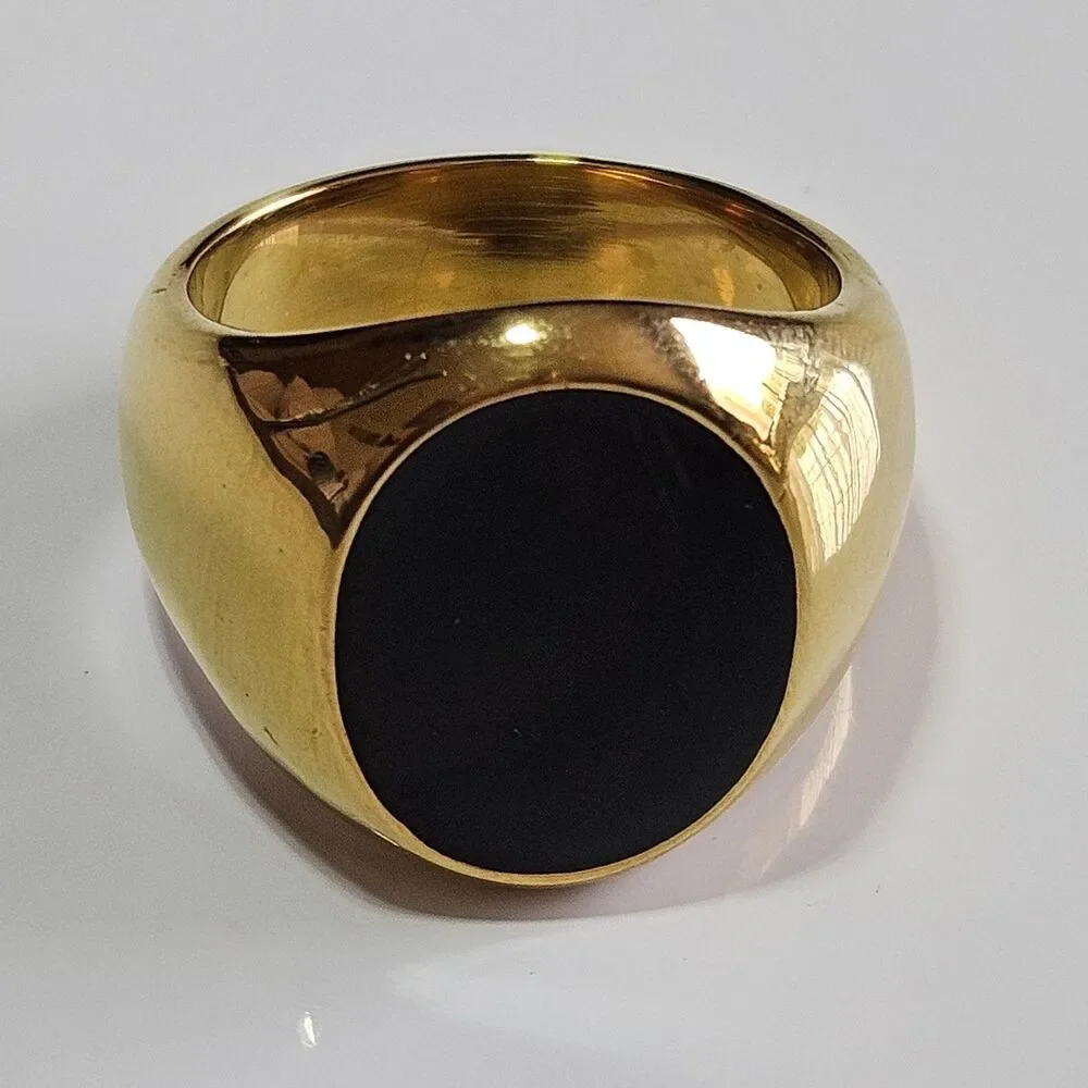Gold Tone Black Oval Enamel Ring Chunky Size 8 - Picture 12 of 12